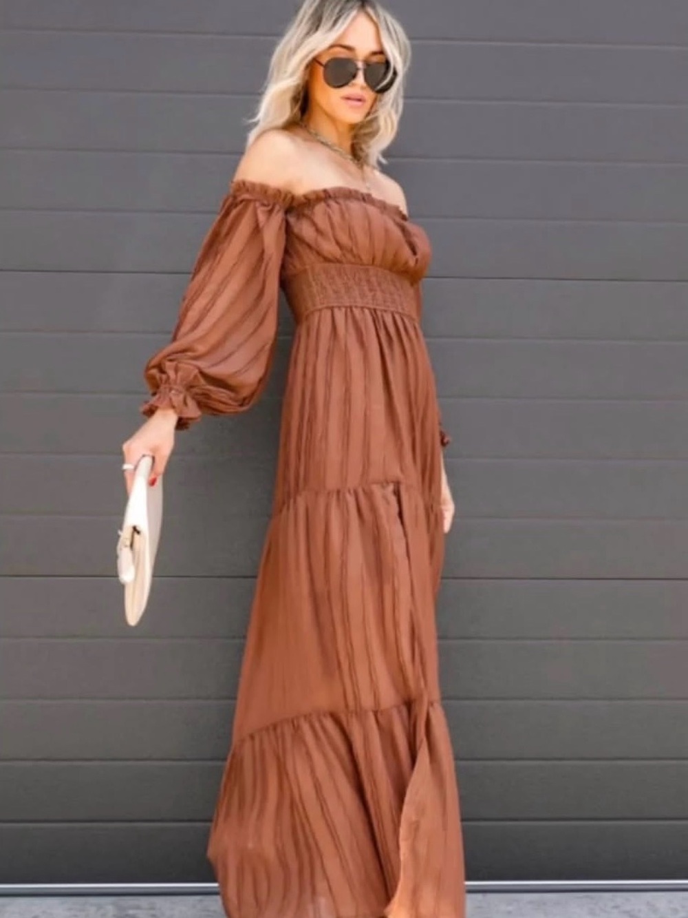 Lena Off-Shoulder Brown Maxi Dress with Smocked Waist